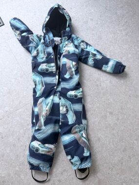 Molo Navy Blue and Aqua Car-Print Kids One-Piece snowsuit